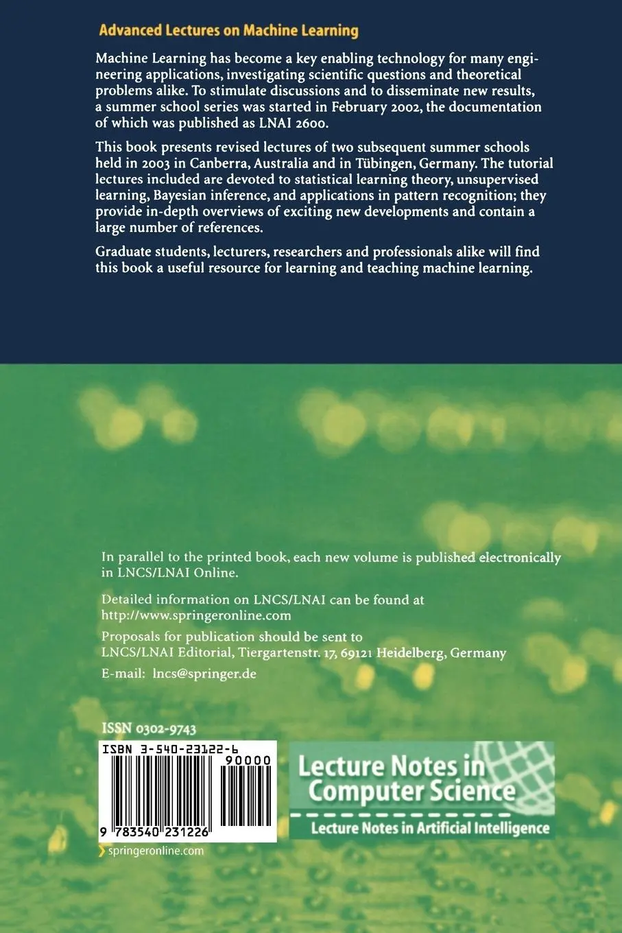 Rückseite: 9783540231226 | Advanced Lectures on Machine Learning | Olivier Bousquet (u. a.)