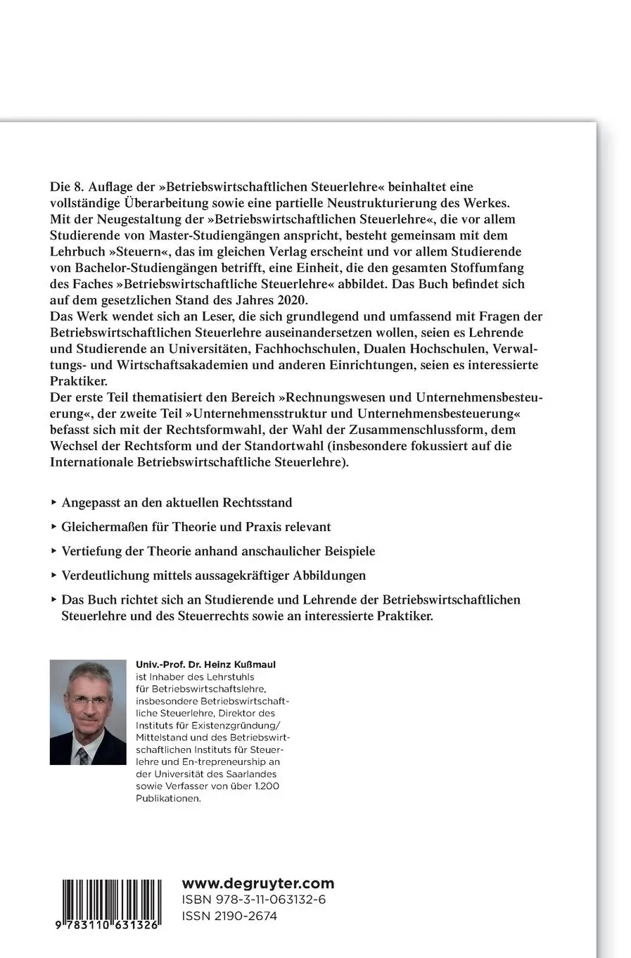 Rückseite: 9783110631326 | Betriebswirtschaftliche Steuerlehre | Heinz Kußmaul | Buch | XLVIII