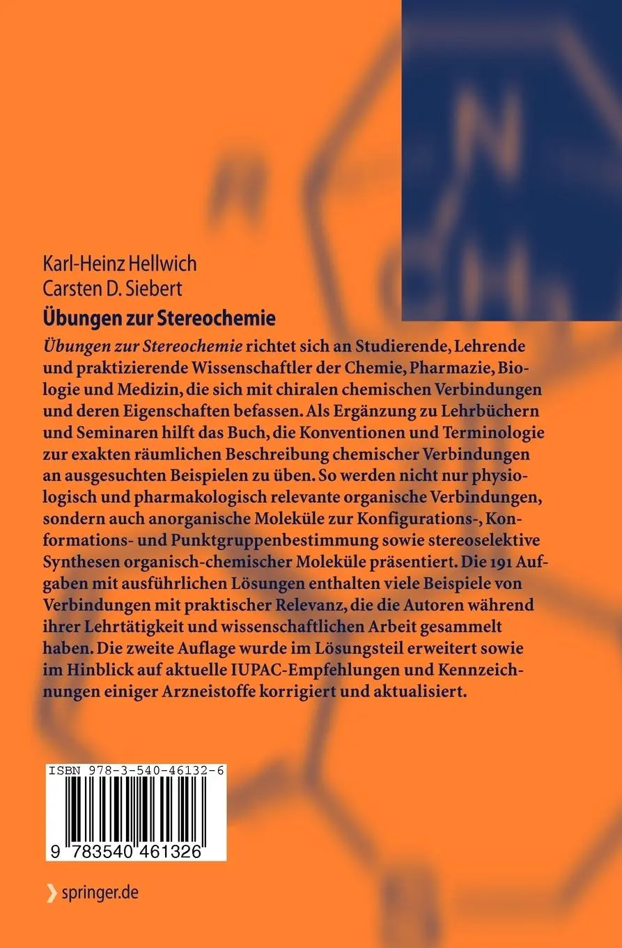 Rückseite: 9783540461326 | Übungen zur Stereochemie | 191 Aufgaben und Lösungen | Siebert (u. a.)