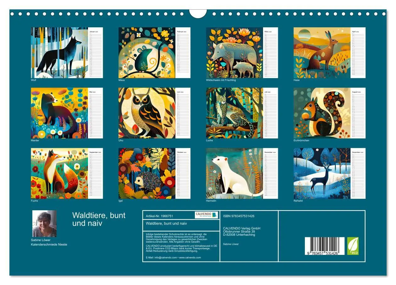 Bild: 9783457531426 | Waldtiere, bunt und naiv (Wandkalender 2026 DIN A3 quer), CALVENDO...