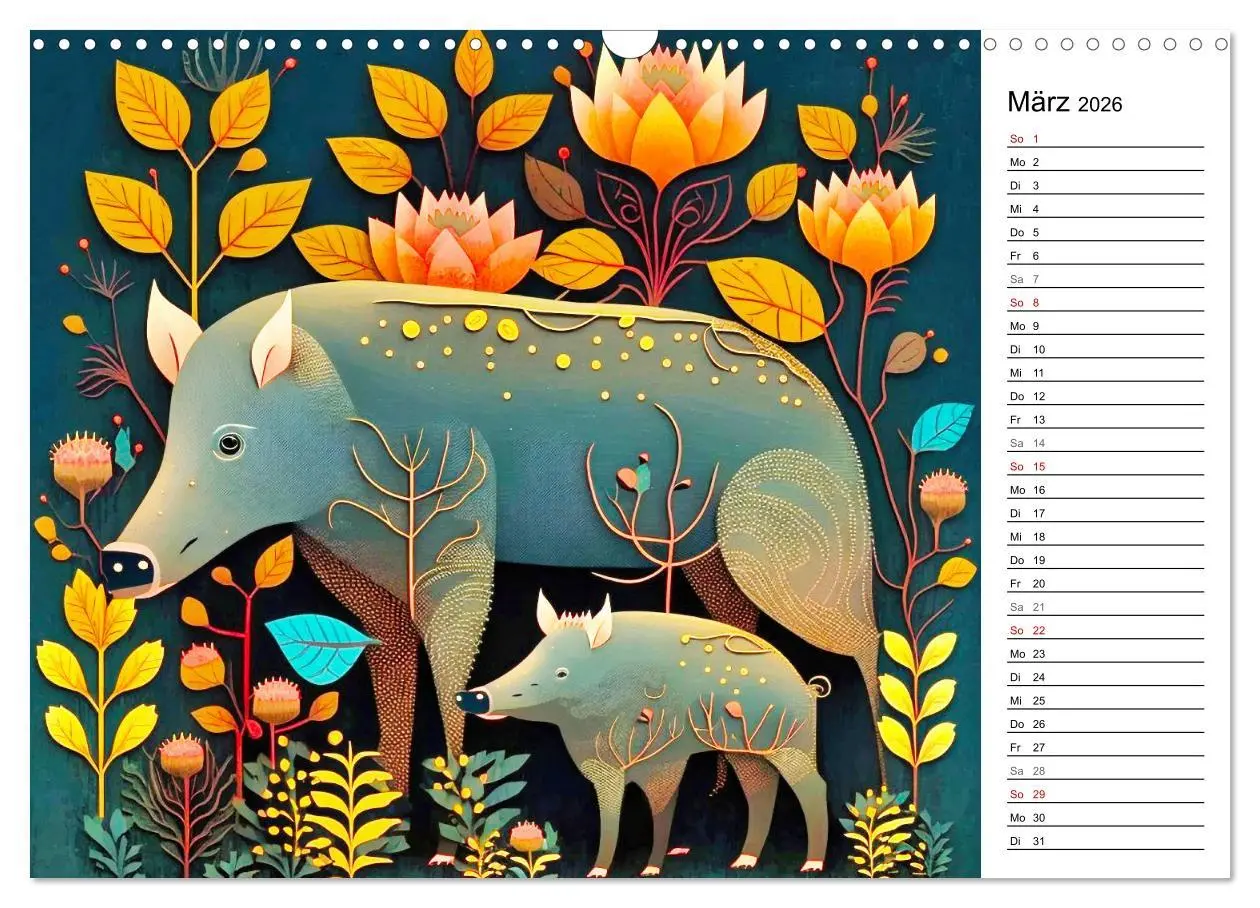 Bild: 9783457531426 | Waldtiere, bunt und naiv (Wandkalender 2026 DIN A3 quer), CALVENDO...
