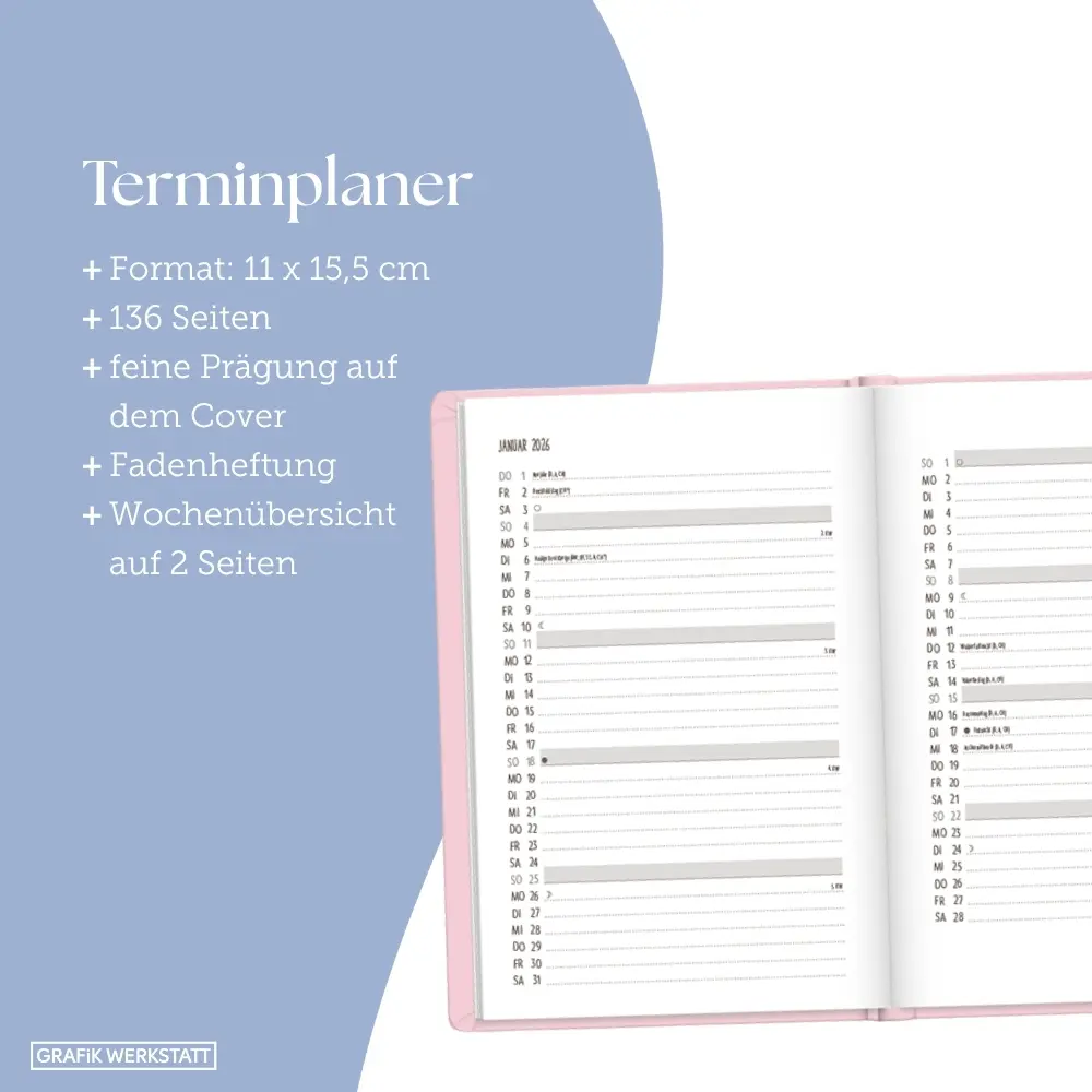 Bild: 9783986361426 | Terminplaner Lederlook 2026 Rosa | Terminplaner Lederlook A6 | Deutsch