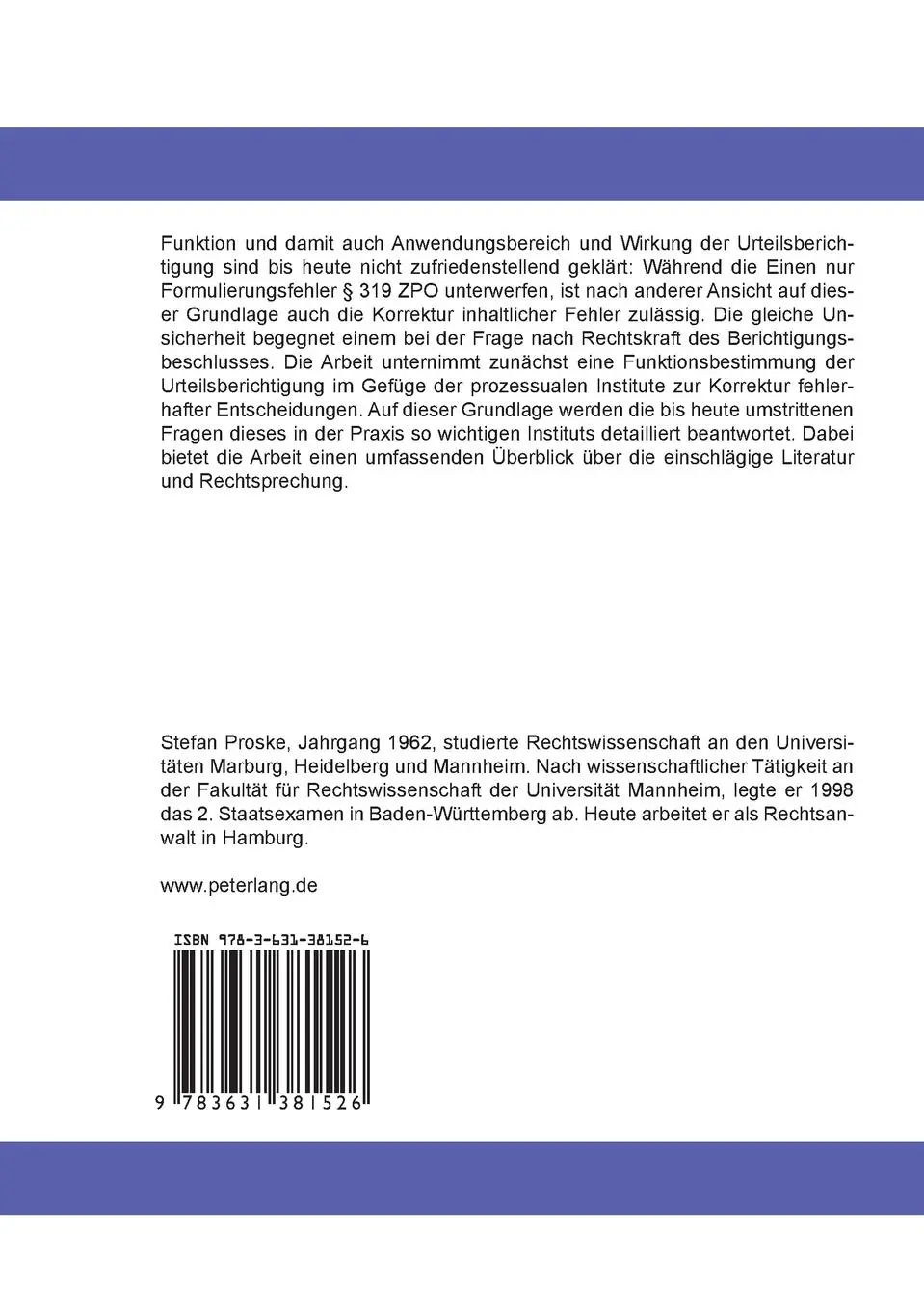 Rückseite: 9783631381526 | Die Urteilsberichtigung gem. § 319 ZPO | Stefan Proske | Taschenbuch