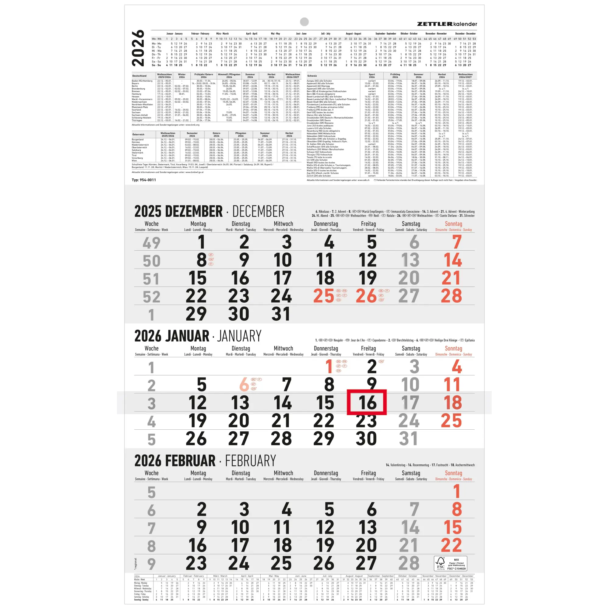 Cover: 4069095001626 | 3-Monatskalender groß 2026 - Büro-Kalender 30x48,8 cm (geöffnet) -...