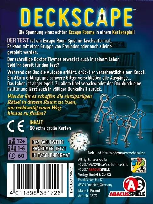 Bild: 4011898381726 | Deckscape - Der Test | Ein Escape Room Spiel im Taschenformat | Spiel