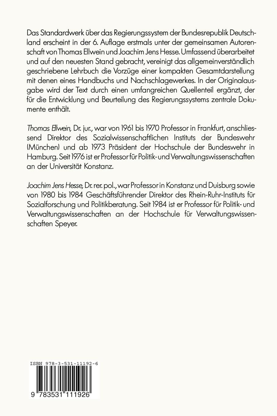 Rückseite: 9783531111926 | Das Regierungssystem der Bundesrepublik Deutschland | Hesse (u. a.)