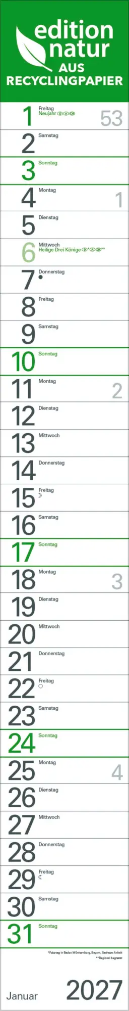 Cover: 9783819301926 | Streifenplaner Grün Recyclingpapier Edition Natur 2027 | Verlag Korsch