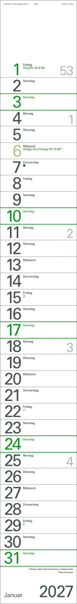 Bild: 9783819301926 | Streifenplaner Grün Recyclingpapier Edition Natur 2027 | Verlag Korsch