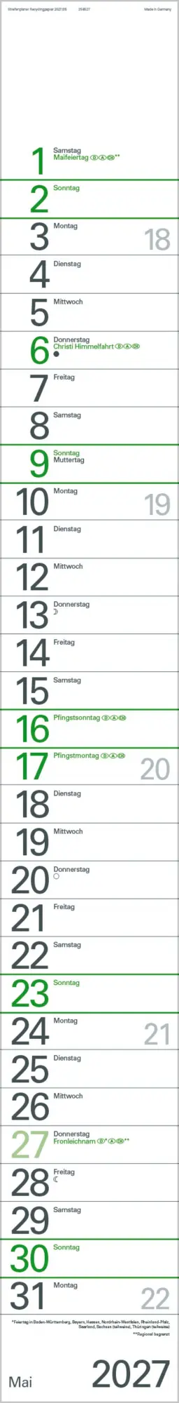 Bild: 9783819301926 | Streifenplaner Grün Recyclingpapier Edition Natur 2027 | Verlag Korsch