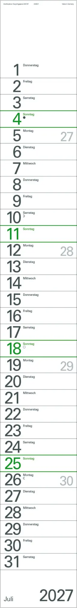 Bild: 9783819301926 | Streifenplaner Grün Recyclingpapier Edition Natur 2027 | Verlag Korsch
