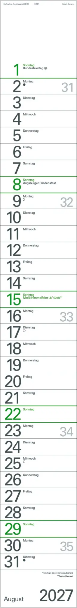Bild: 9783819301926 | Streifenplaner Grün Recyclingpapier Edition Natur 2027 | Verlag Korsch