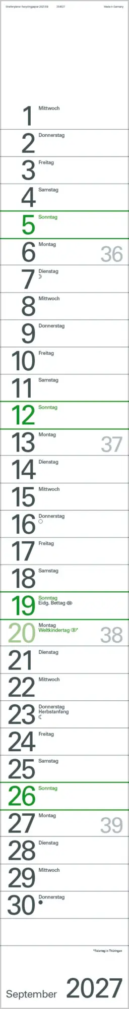 Bild: 9783819301926 | Streifenplaner Grün Recyclingpapier Edition Natur 2027 | Verlag Korsch