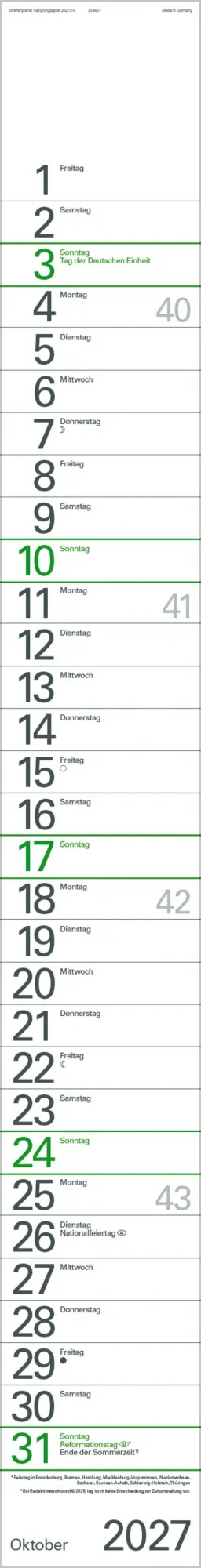 Bild: 9783819301926 | Streifenplaner Grün Recyclingpapier Edition Natur 2027 | Verlag Korsch