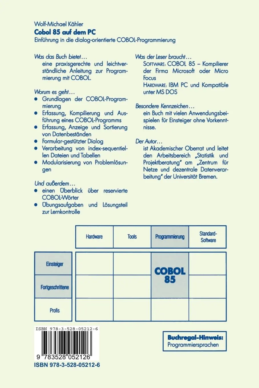 Rückseite: 9783528052126 | COBOL 85 auf dem PC | Wolf-Michael Kähler | Taschenbuch | xiv | 1992