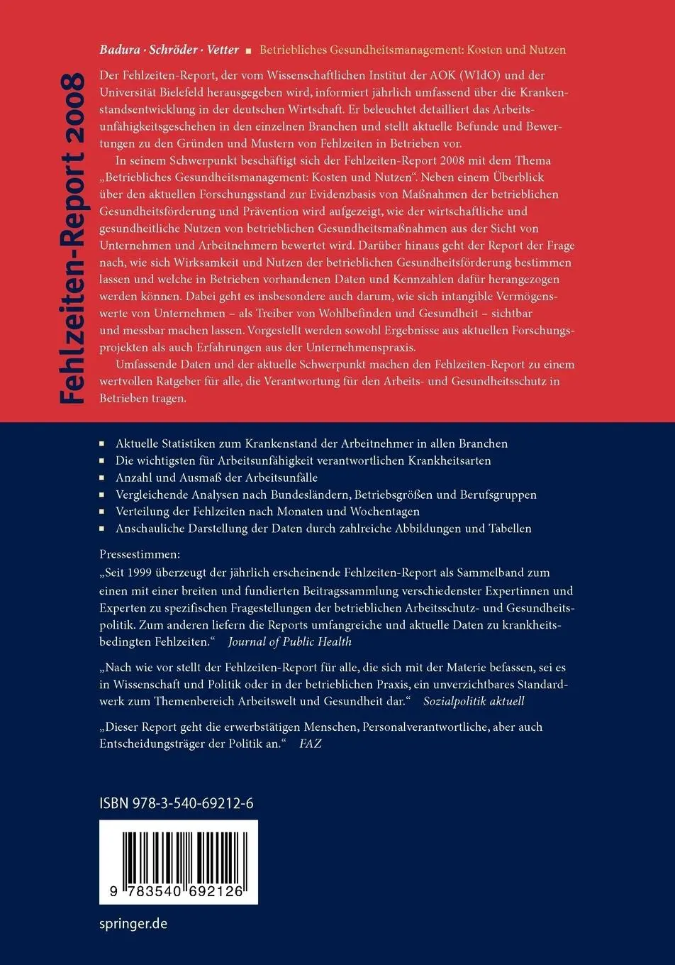 Rückseite: 9783540692126 | Fehlzeiten-Report 2008 | Bernhard Badura (u. a.) | Taschenbuch | xii