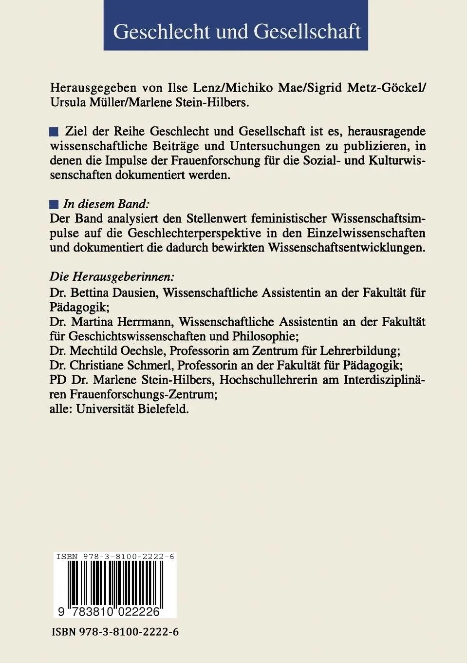 Rückseite: 9783810022226 | Erkenntnisprojekt Geschlecht | Bettina Dausien (u. a.) | Taschenbuch