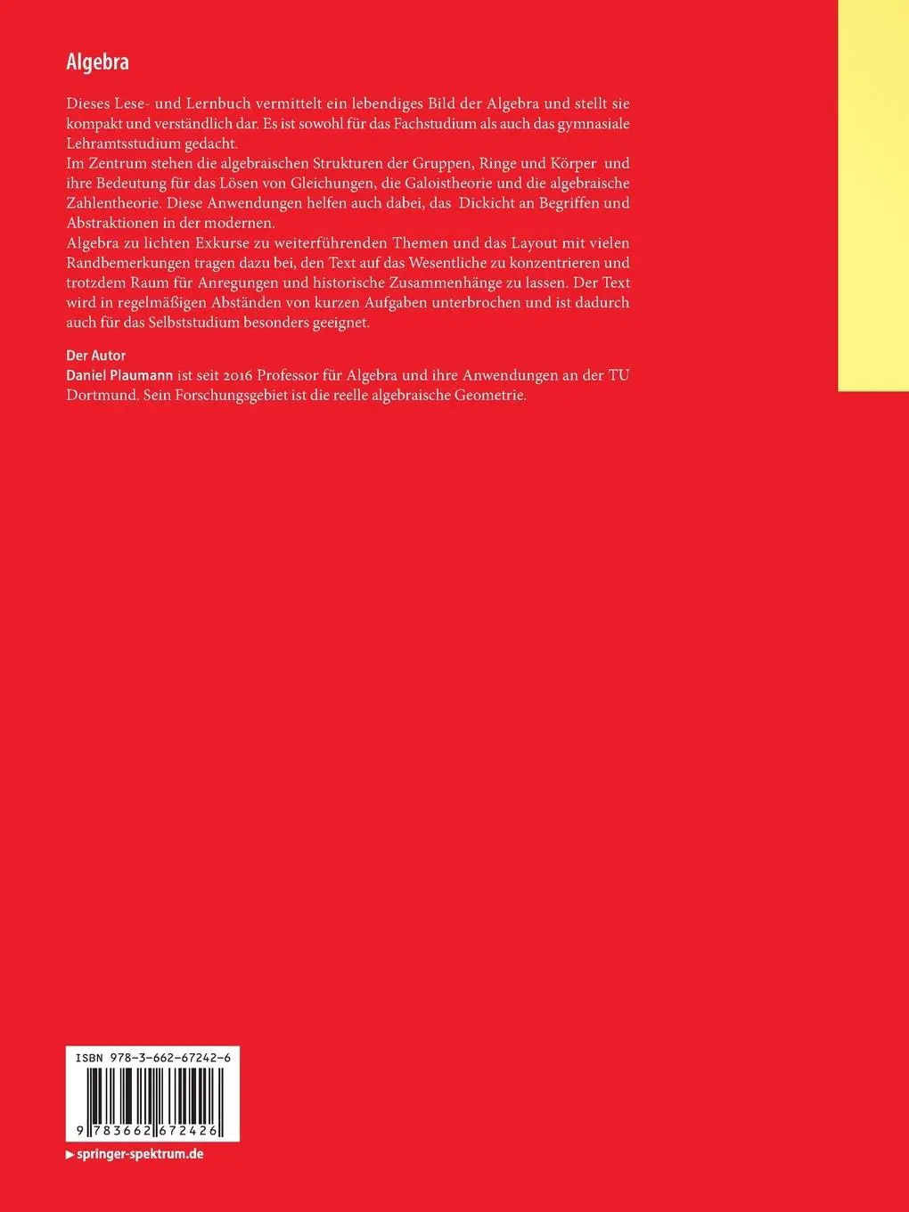 Rückseite: 9783662672426 | Algebra | Gruppen - Ringe - Körper - Zahlen | Daniel Plaumann | Buch