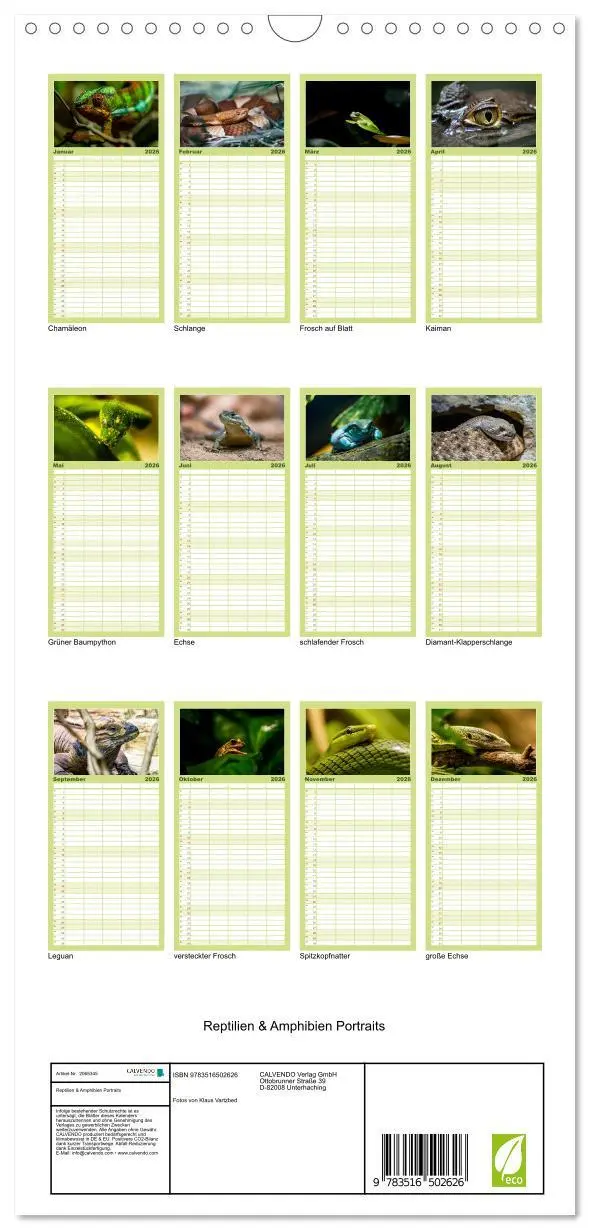 Bild: 9783516502626 | Familienplaner 2026 - Reptilien &amp; Amphibien Portraits mit 5 Spalten...