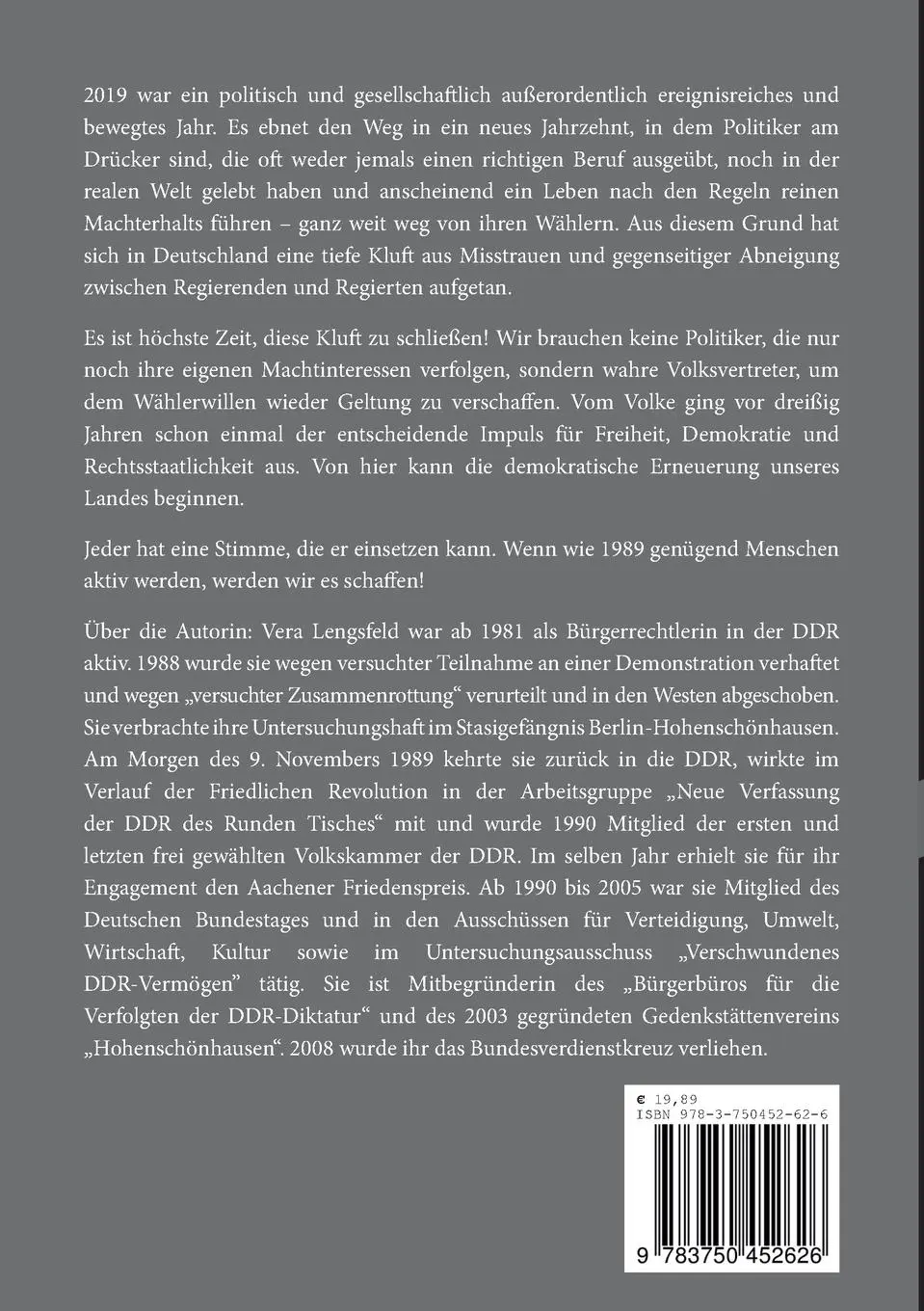 Rückseite: 9783750452626 | Was noch gesagt werden muss | Meine Kommentare 2019 | Vera Lengsfeld