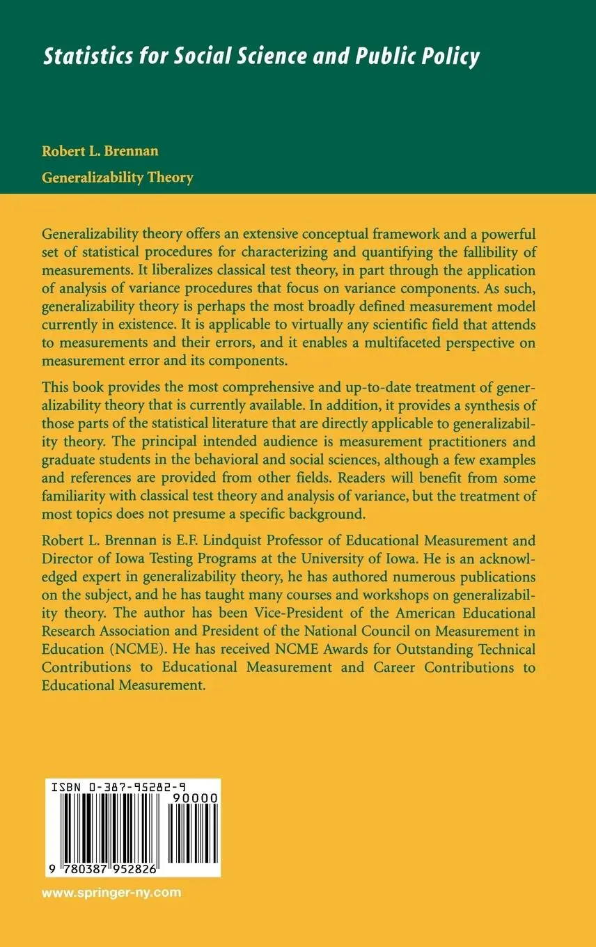 Rückseite: 9780387952826 | Generalizability Theory | Robert L. Brennan | Buch | xx | Englisch