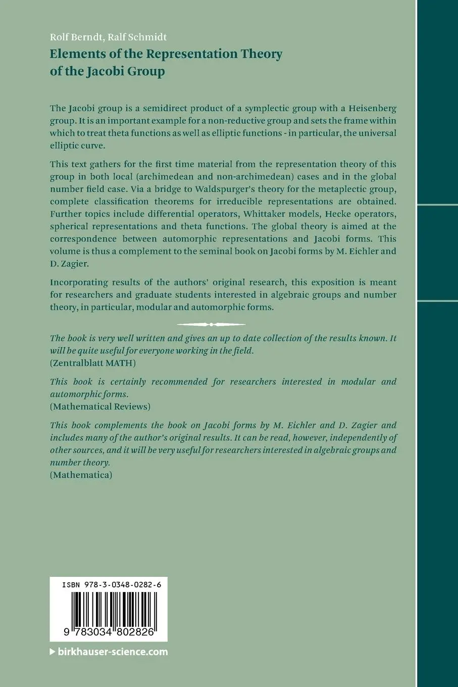 Rückseite: 9783034802826 | Elements of the Representation Theory of the Jacobi Group | Buch