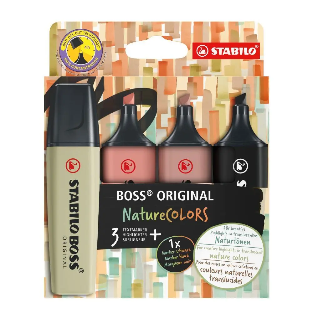 STABILO BOSS ORIGINAL NatureCOLORS 4er Etui (schlammgrün siena, umbra, schwarz)