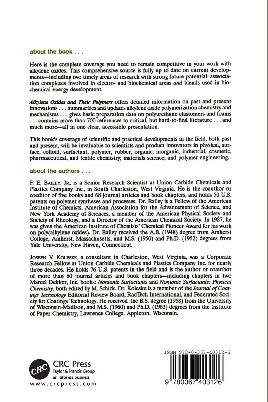 Rückseite: 9780367403126 | Alkylene Oxides and Their Polymers | F. E. Bailey (u. a.) | Buch