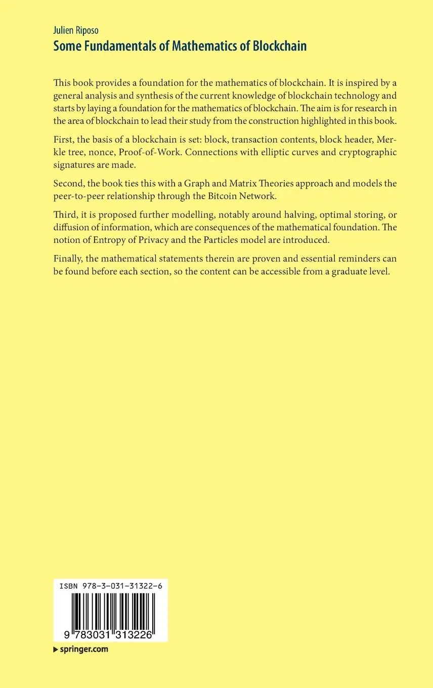 Rückseite: 9783031313226 | Some Fundamentals of Mathematics of Blockchain | Julien Riposo | Buch