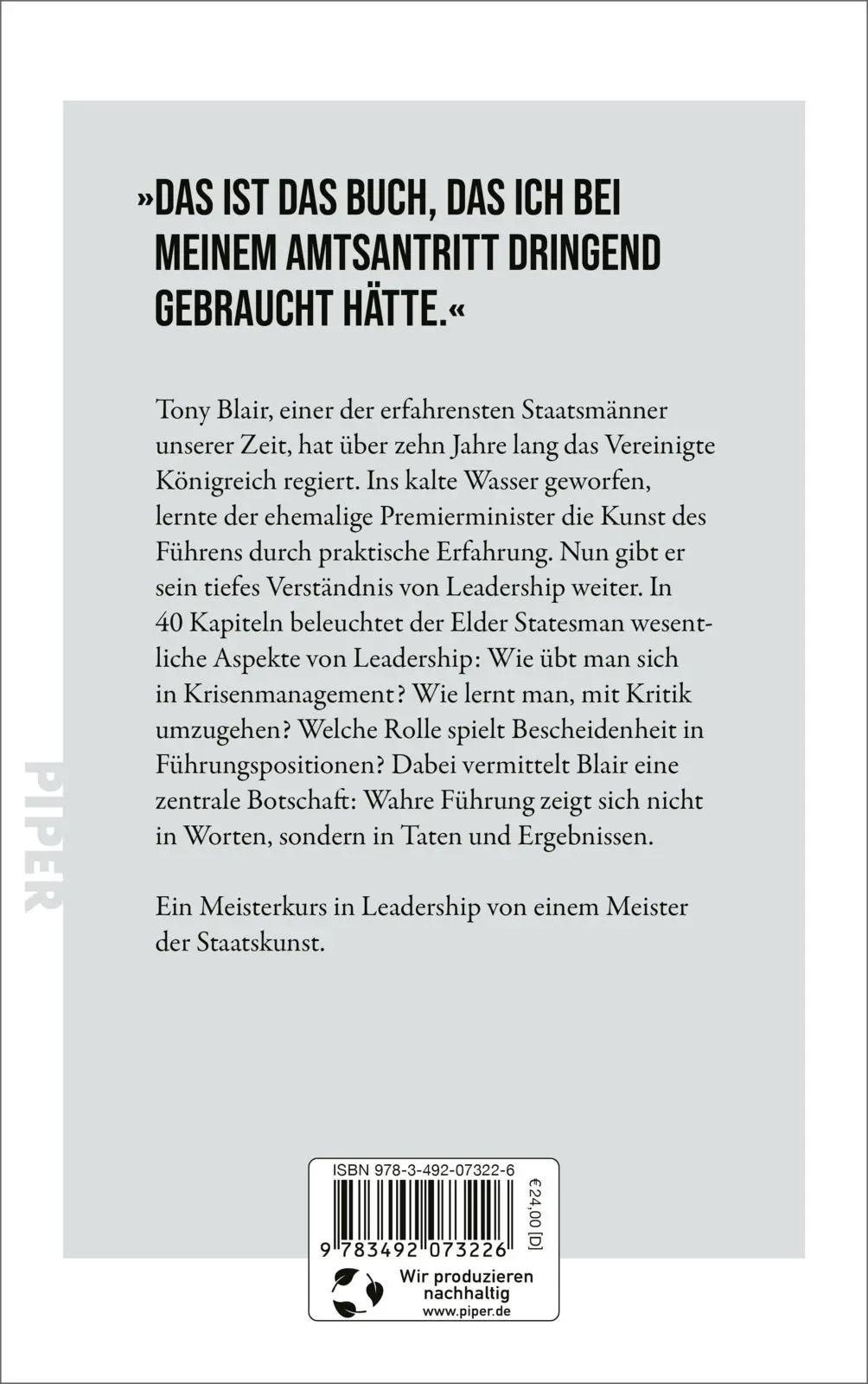 Rückseite: 9783492073226 | On Leadership | Tony Blair | Buch | 352 S. | Deutsch | 2025