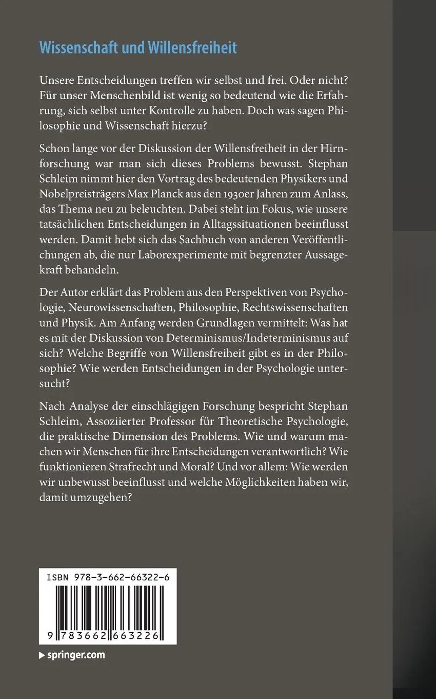 Rückseite: 9783662663226 | Wissenschaft und Willensfreiheit | Stephan Schleim | Taschenbuch | XX
