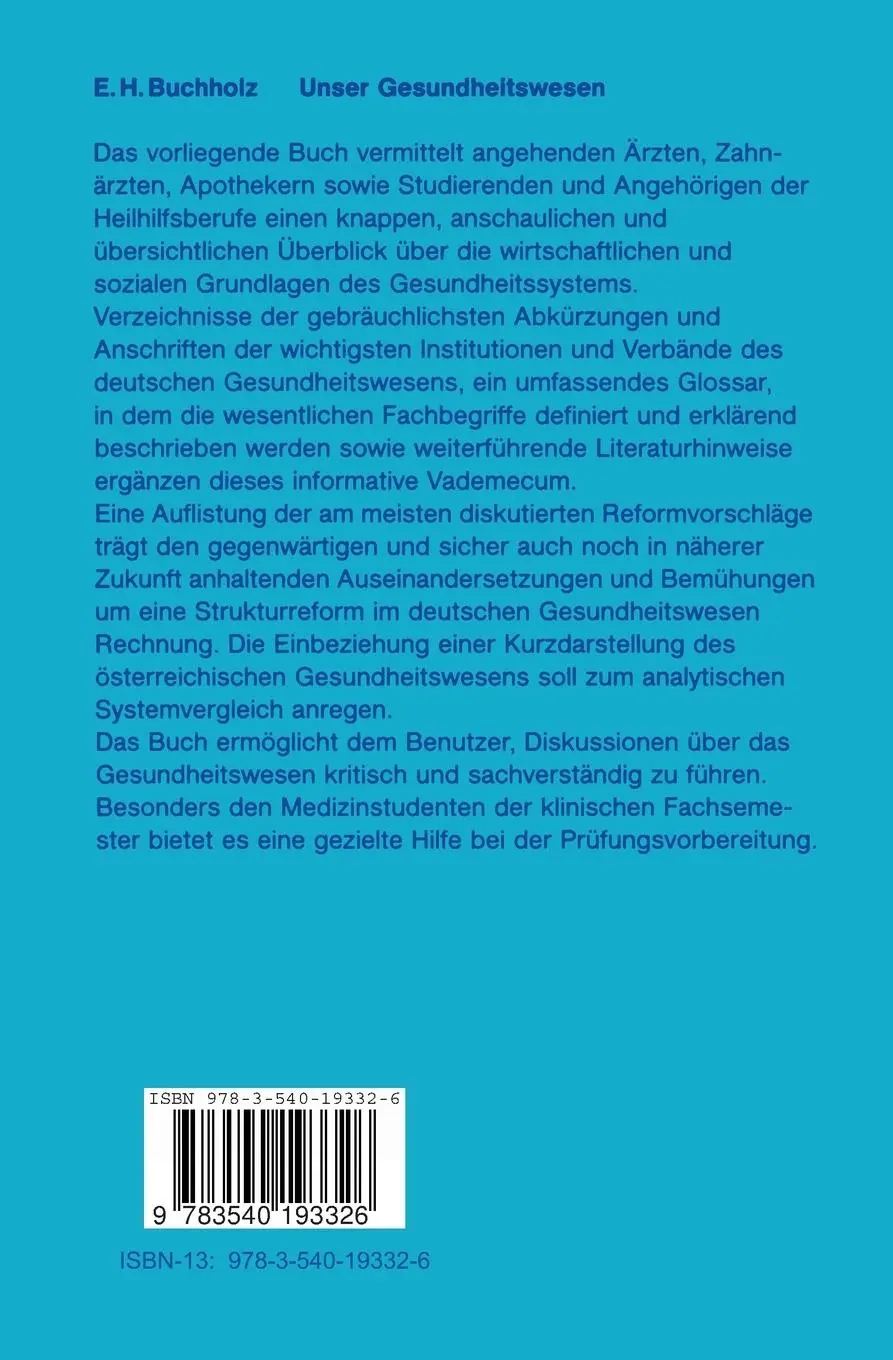 Rückseite: 9783540193326 | Unser Gesundheitswesen | Edwin H. Buchholz | Taschenbuch | xv | 1988
