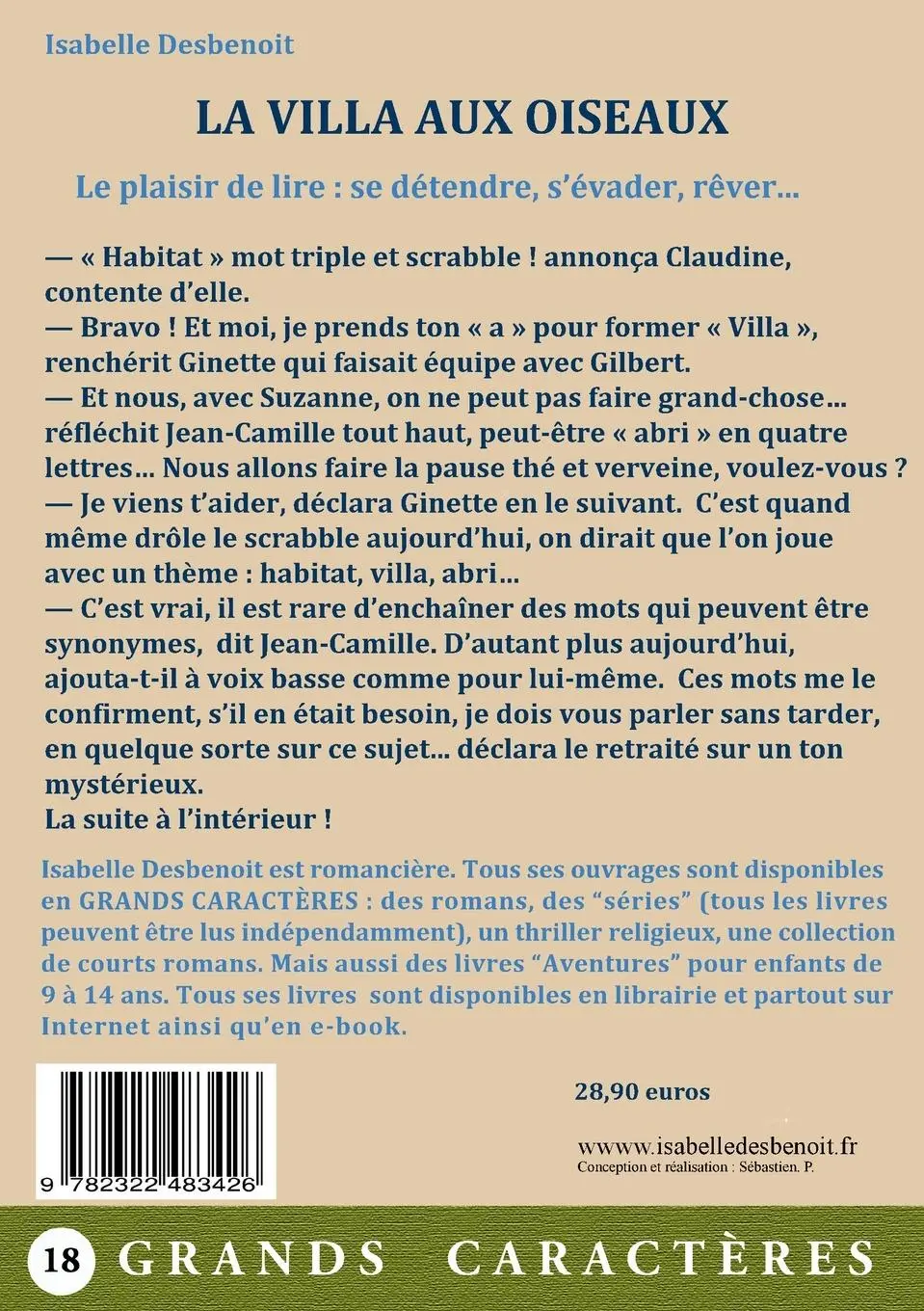 Rückseite: 9782322483426 | La Villa aux Oiseaux | livre gros caractères | Isabelle Desbenoit