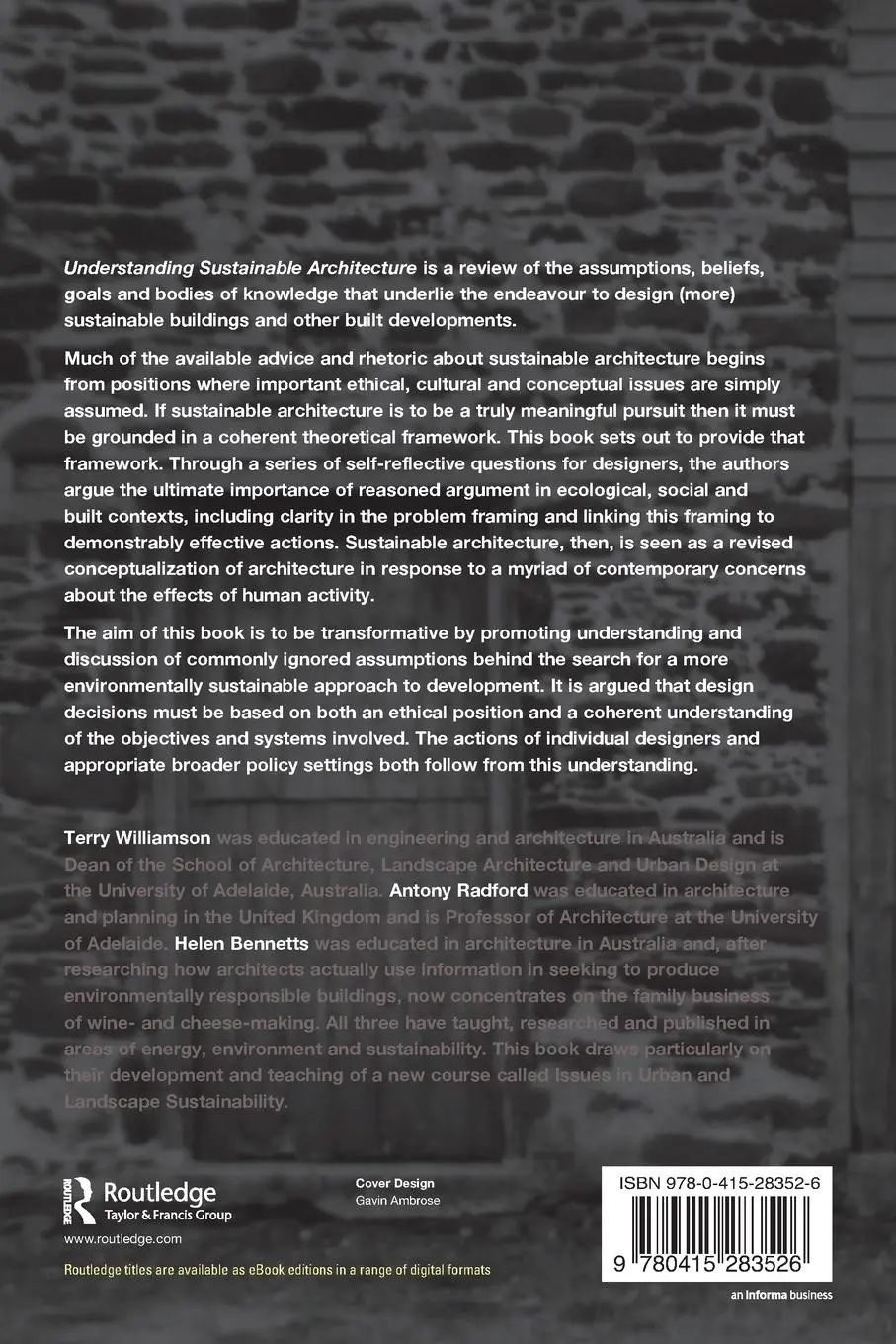 Rückseite: 9780415283526 | Understanding Sustainable Architecture | Helen Bennetts (u. a.) | Buch