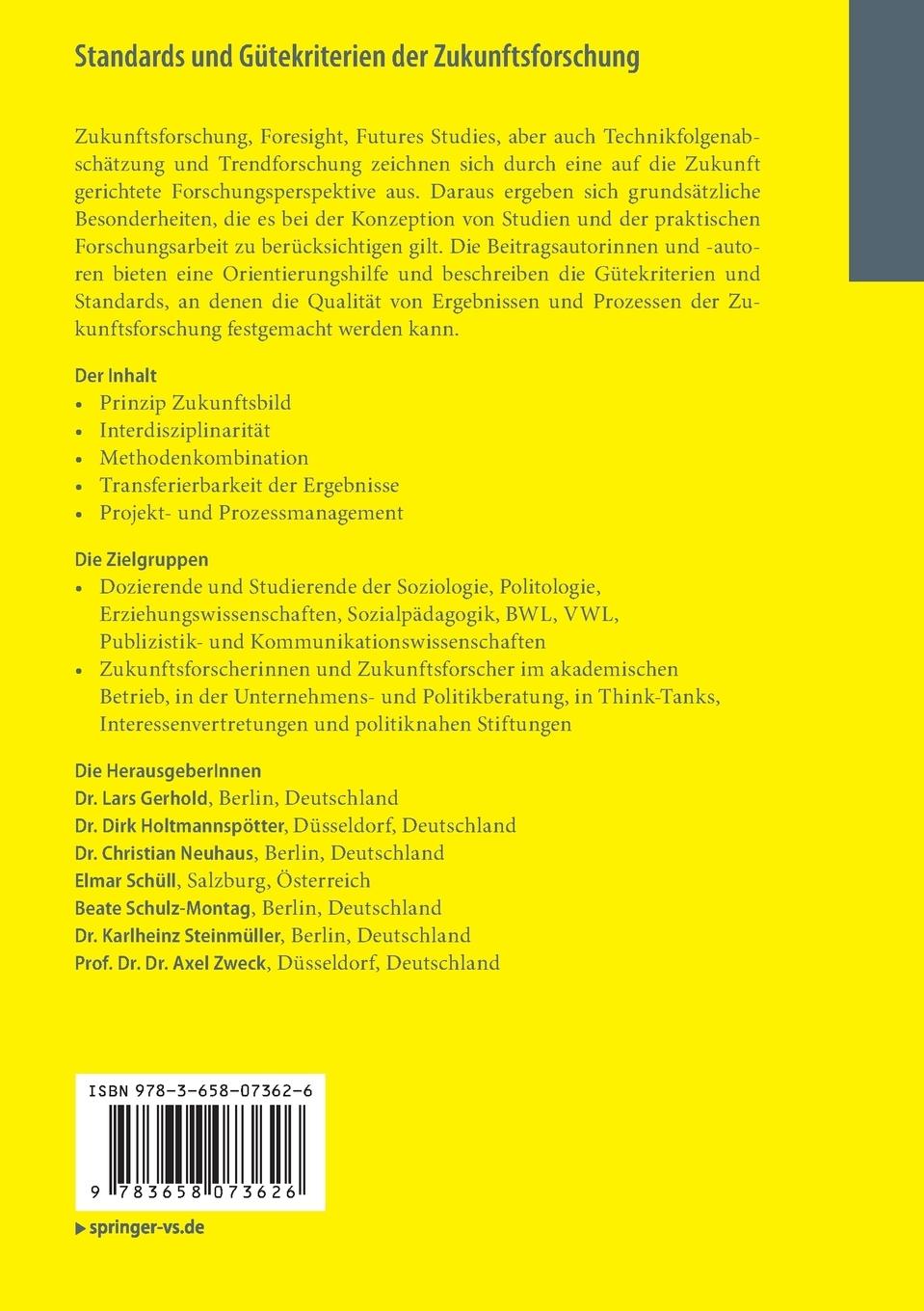 Rückseite: 9783658073626 | Standards und Gütekriterien der Zukunftsforschung | Gerhold (u. a.)