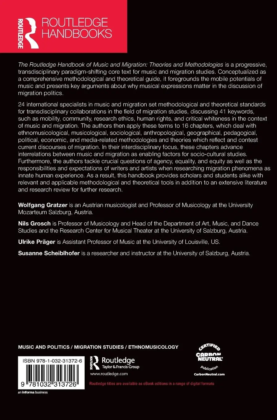 Rückseite: 9781032313726 | The Routledge Handbook of Music and Migration | Gratzer (u. a.) | Buch