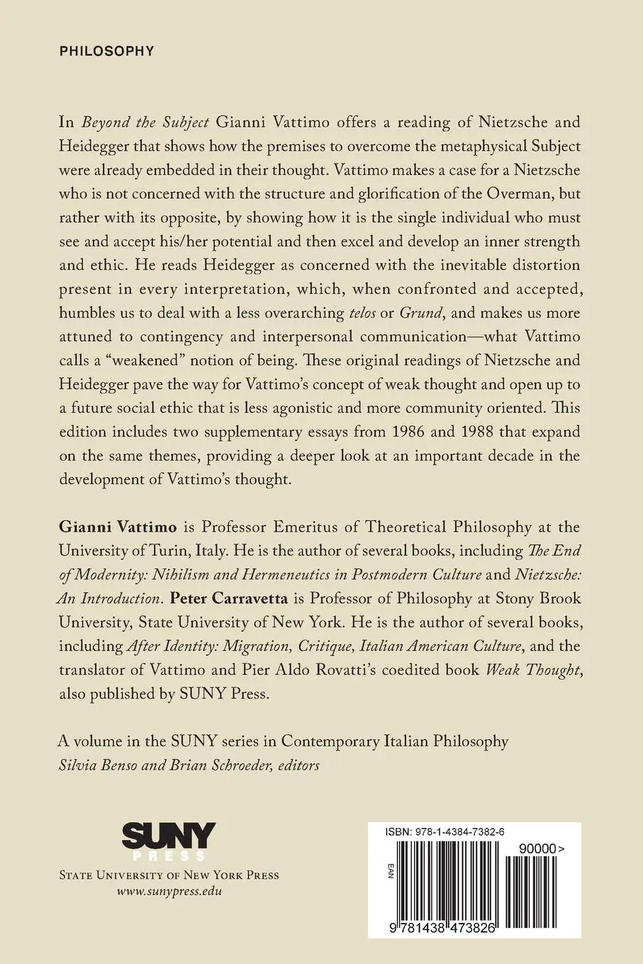 Rückseite: 9781438473826 | Beyond the Subject | Nietzsche, Heidegger, and Hermeneutics | Vattimo