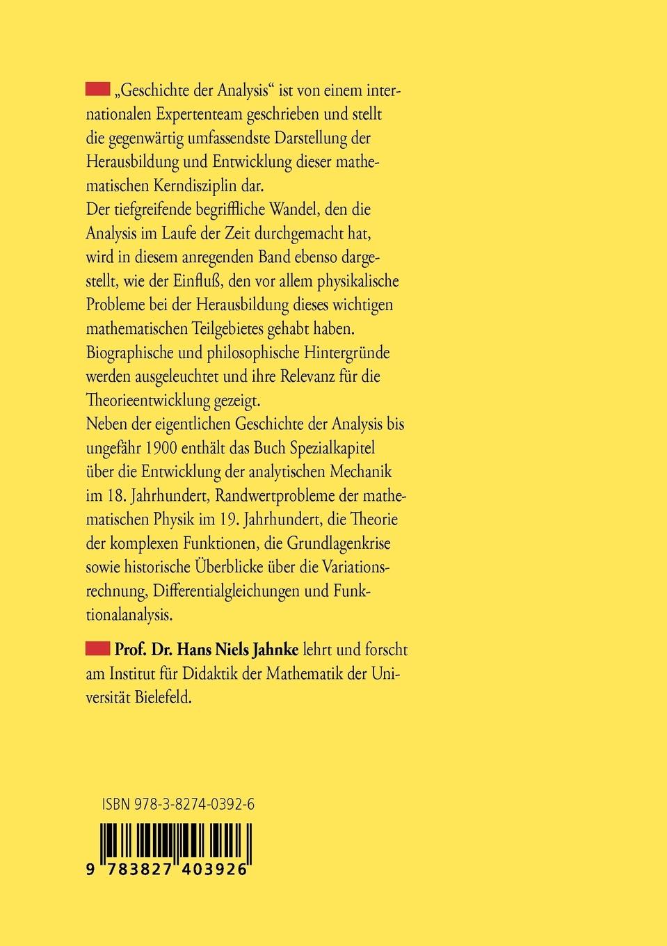 Rückseite: 9783827403926 | Geschichte der Analysis | Hans Niels Jahnke | Taschenbuch | xii | 1999