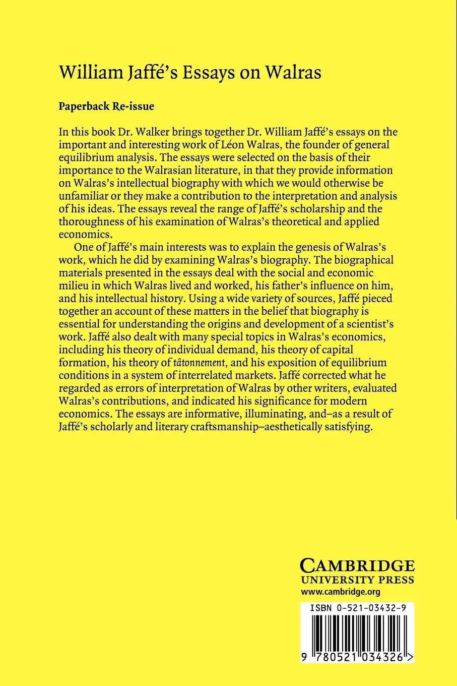 Rückseite: 9780521034326 | William Jaffe's Essays on Walras | Donald A. Walker | Taschenbuch