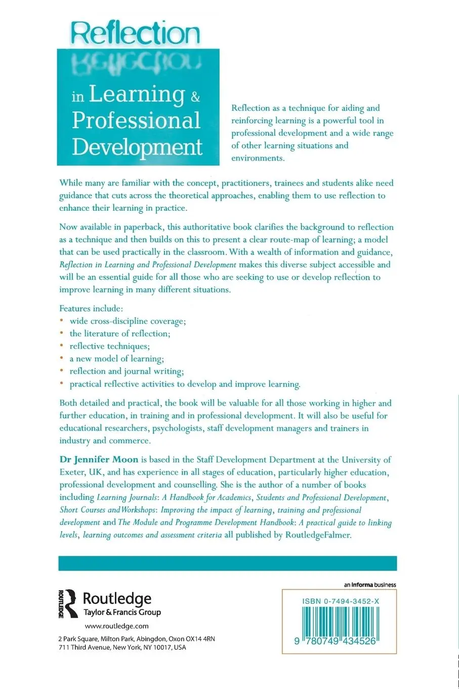 Rückseite: 9780749434526 | Reflection in Learning and Professional Development | Jennifer A. Moon
