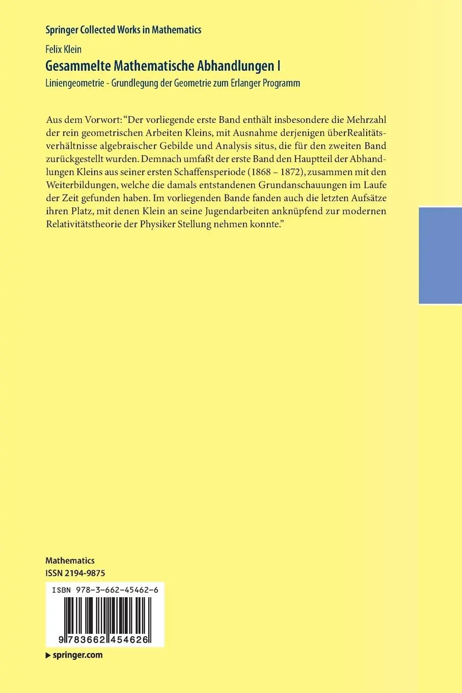 Rückseite: 9783662454626 | Gesammelte Mathematische Abhandlungen I | Felix Klein | Taschenbuch