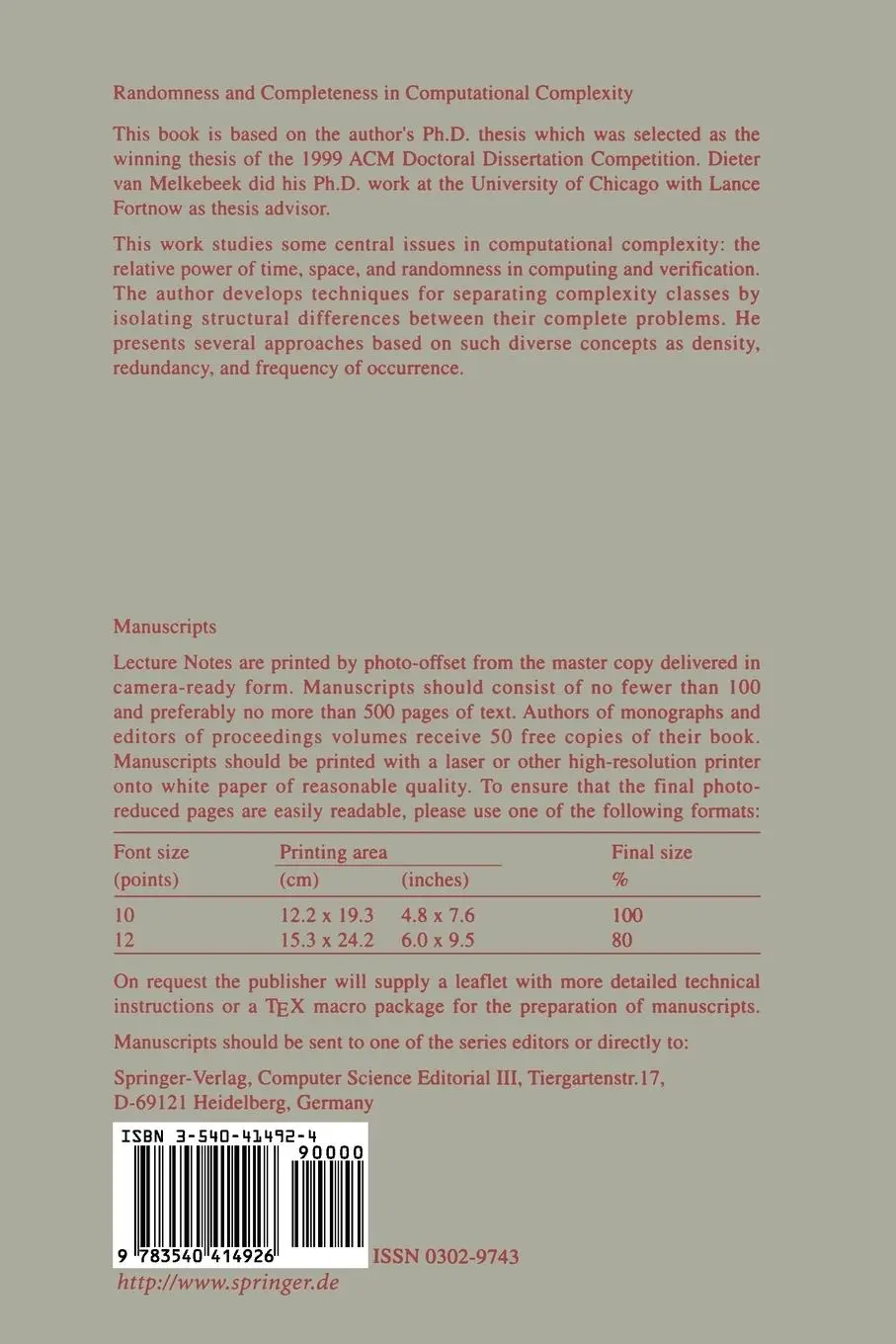 Rückseite: 9783540414926 | Randomness and Completeness in Computational Complexity | Melkebeek