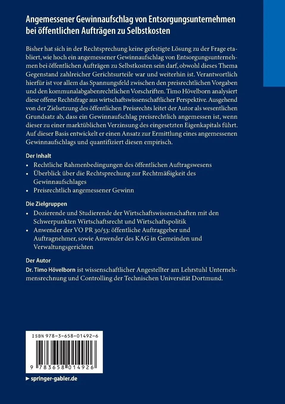 Rückseite: 9783658014926 | Angemessener Gewinnaufschlag von Entsorgungsunternehmen bei...