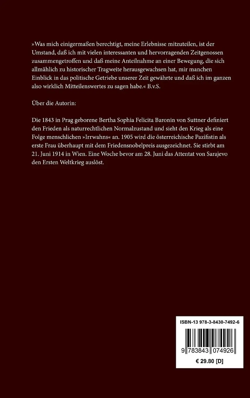 Rückseite: 9783843074926 | Memoiren | Bertha Von Suttner | Buch | 580 S. | Deutsch | 2015