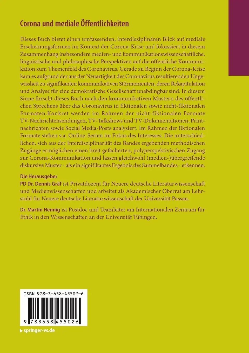Rückseite: 9783658455026 | Corona und mediale Öffentlichkeiten | Martin Hennig (u. a.) | Buch