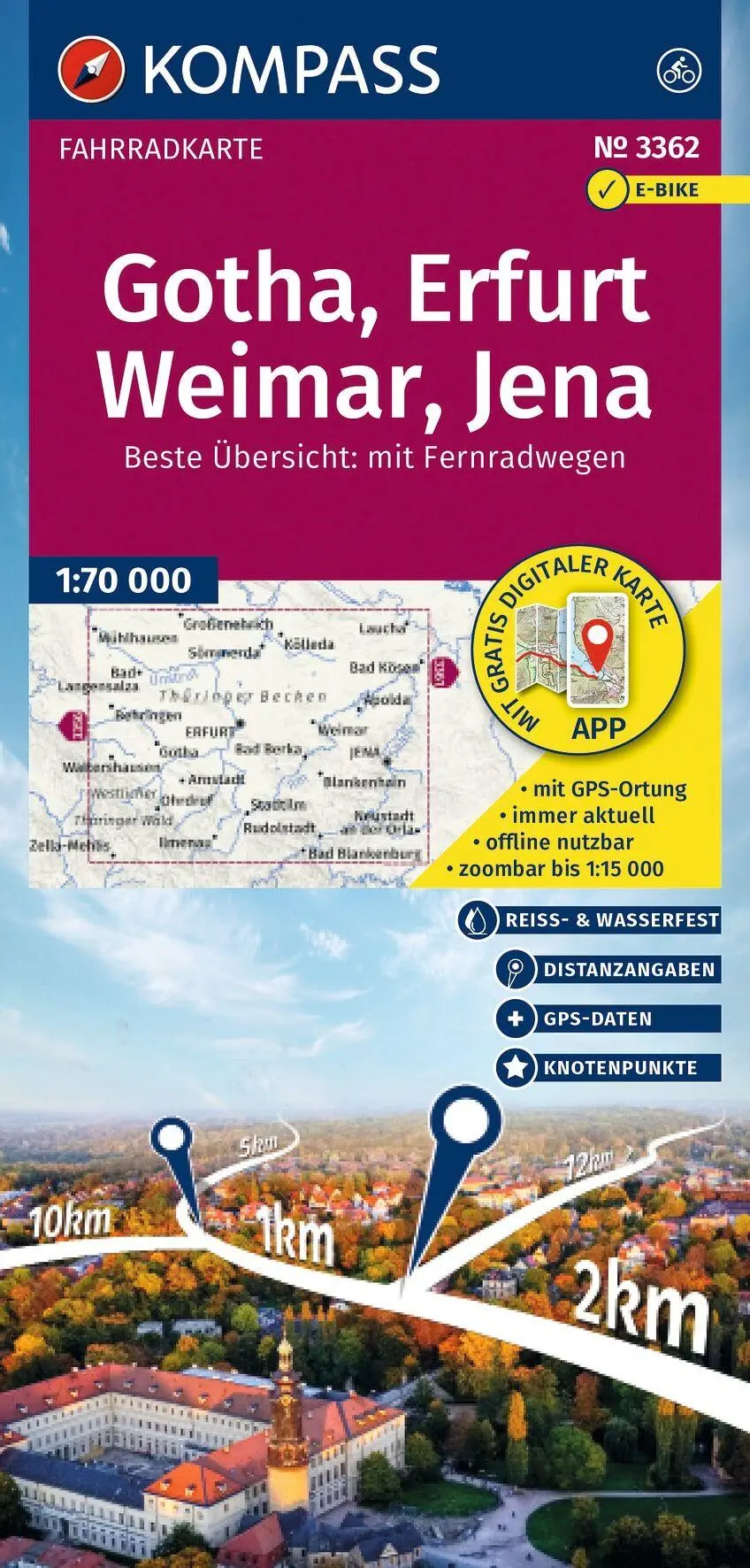 Cover: 9783991545026 | KOMPASS Fahrradkarte 3362 Gotha, Erfurt, Weimar, Jena 1:70.000 | 2026