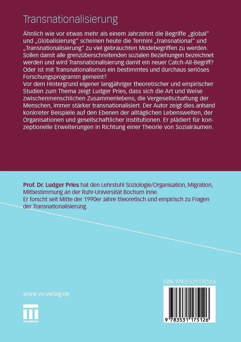 Rückseite: 9783531175126 | Transnationalisierung | Ludger Pries | Taschenbuch | 191 S. | Deutsch
