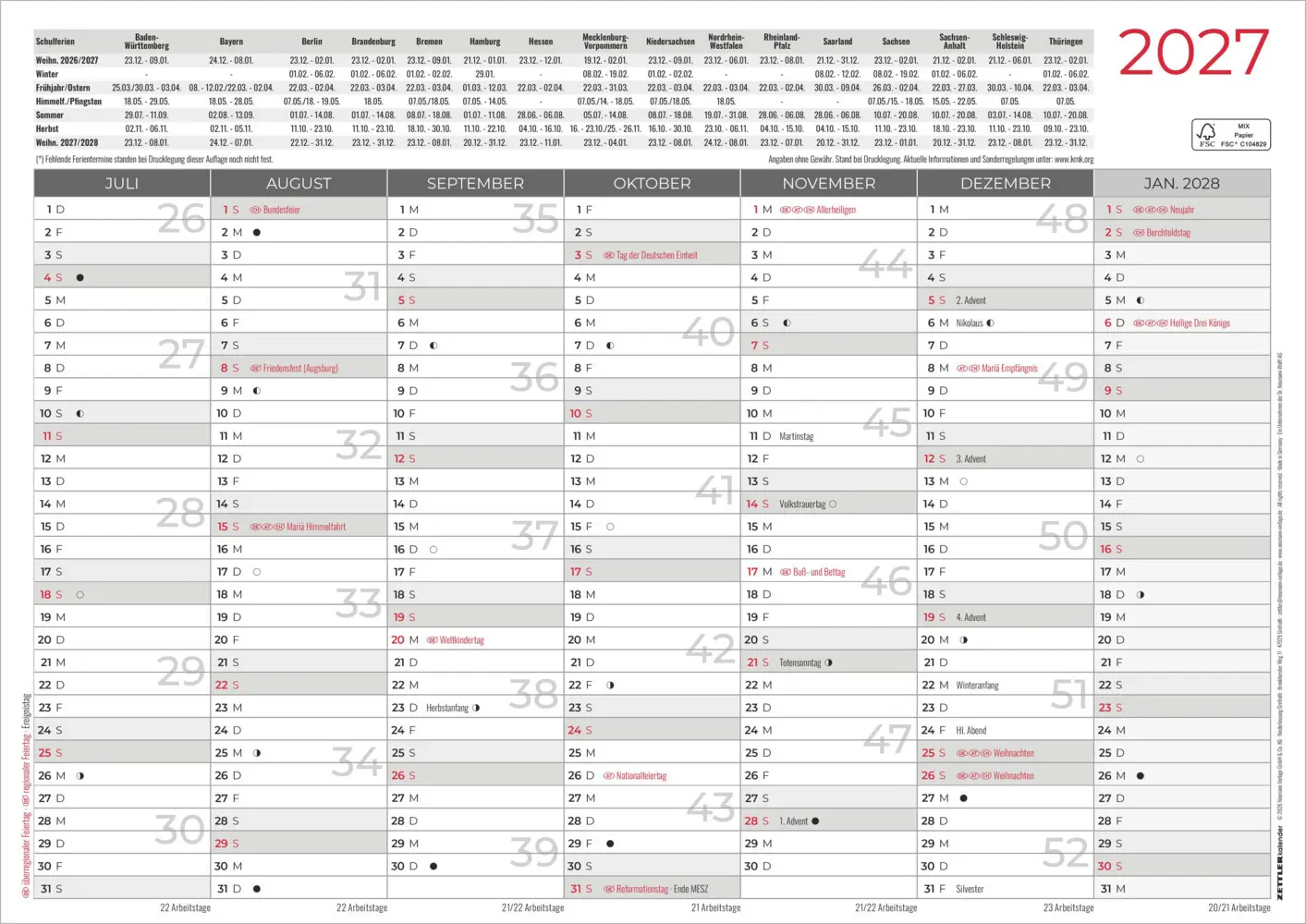 Bild: 4069095015326 | Tafelkalender A3 beidseitig 2027 | Kalender | 1 S. | Deutsch | 2027