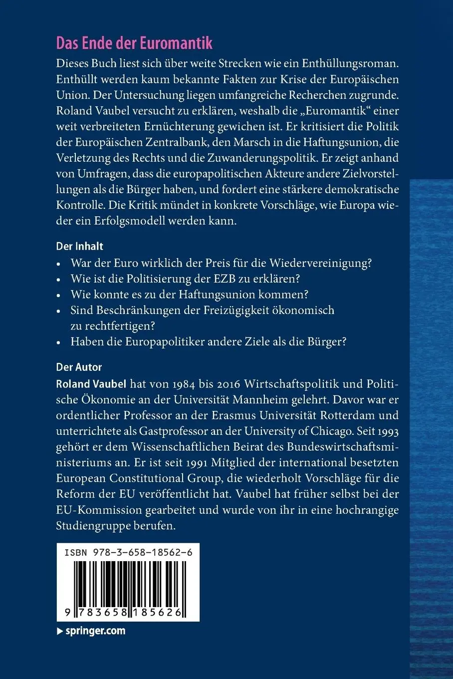 Rückseite: 9783658185626 | Das Ende der Euromantik | Neustart jetzt | Roland Vaubel | Taschenbuch