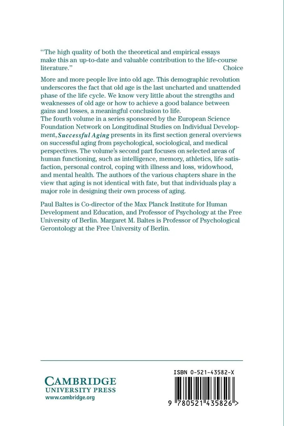 Rückseite: 9780521435826 | Successful Aging | Perspectives from the Behavioral Sciences | Buch
