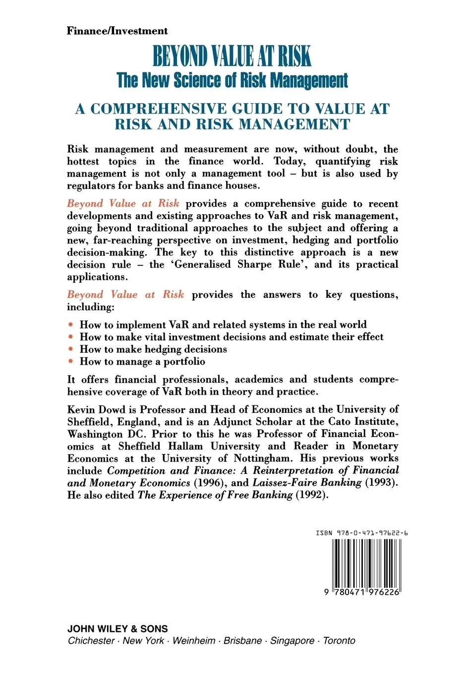 Rückseite: 9780471976226 | Beyond Value at Risk | The New Science of Risk Management | Kevin Dowd